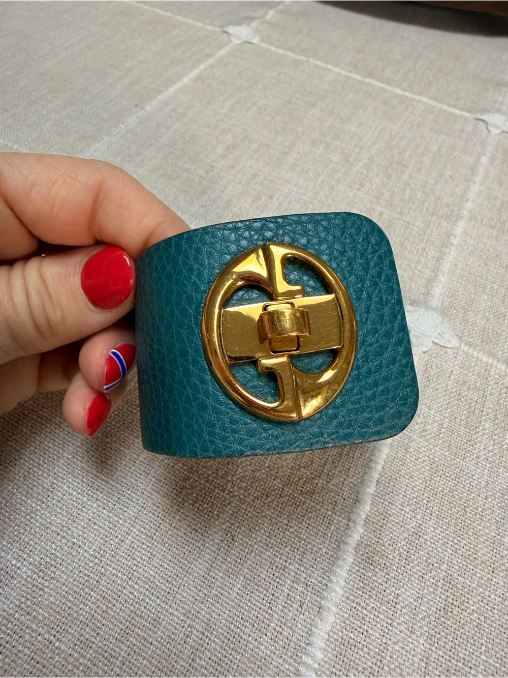 Gucci Teal Leather Cuff Bracelet with Gold Medallion